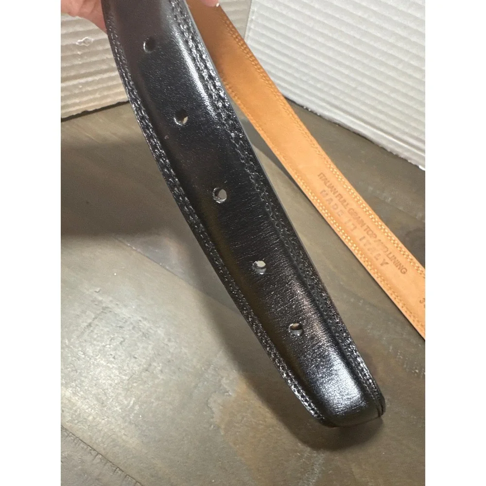 Italian Full Grain Leather Belt Mens 34 Black Solid Brass Buckle Made in Italy